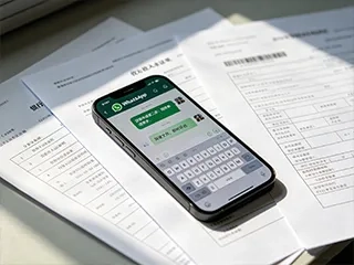 A mobile phone with WhatsApp open is on the desk.